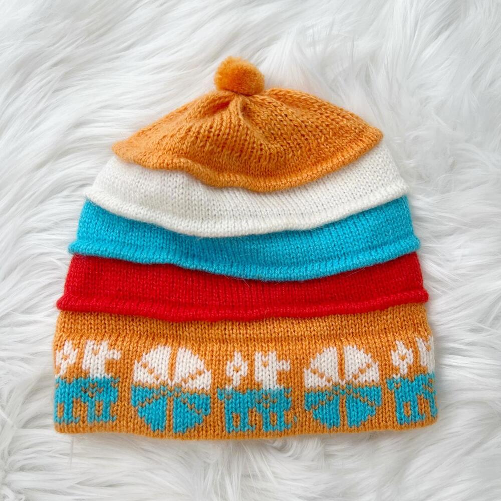 Lomas Alpaca - Textured orange blue knit ski hat Youth L, Adult XS